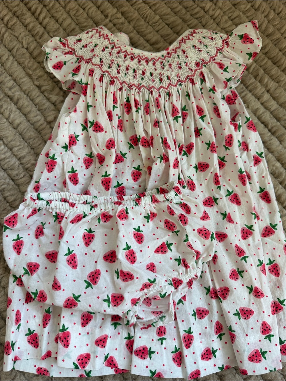 Girls White Strawberry Smocked Casual Dress with Bloomers